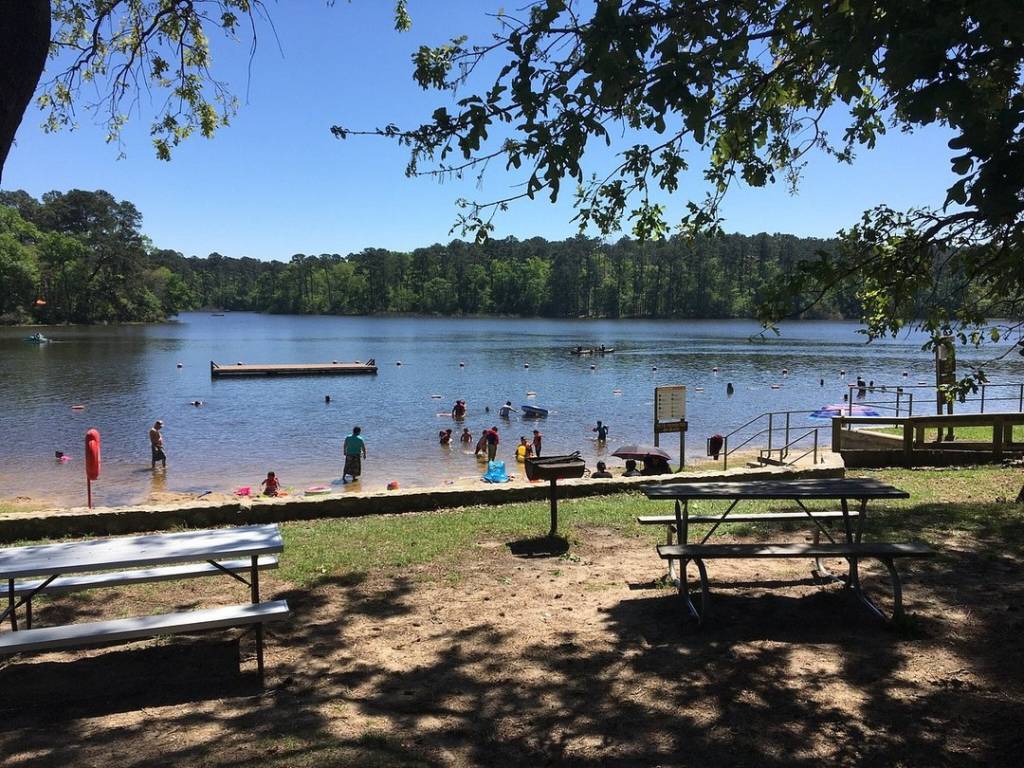 La imagen muestra la zona de playa del Parque Estatal de Huntsville, a las afueras de Houston, con la orilla, la zona de baño y la línea de árboles al fondo. 