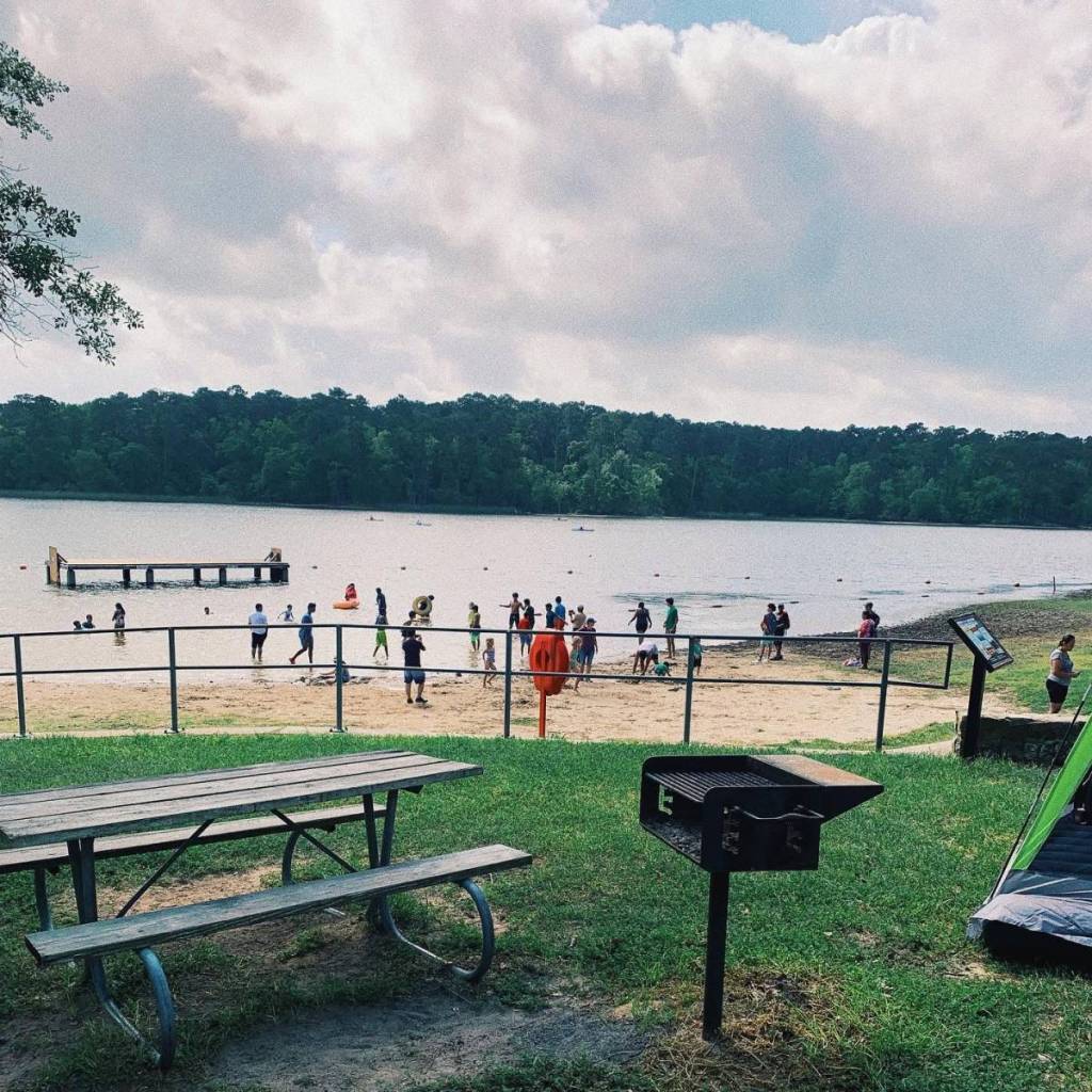 La imagen muestra una zona de picnic, césped, playa y la zona del lago Raven en el Parque Estatal de Huntsville. 