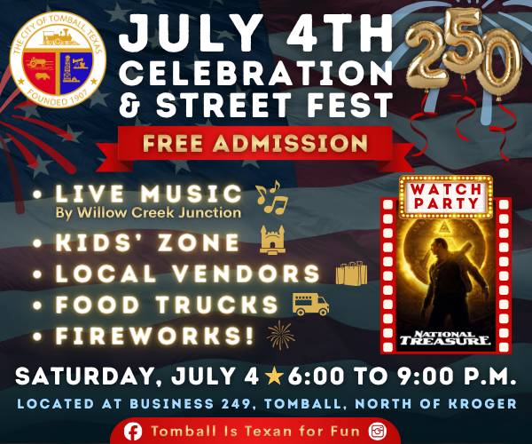 La imagen muestra el cartel de la «Celebración del 4 de julio y Festival Callejero» de Tomball. 