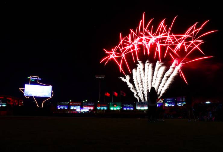 Image shows fireworks going off over Constellation Field in Sugar Land. 