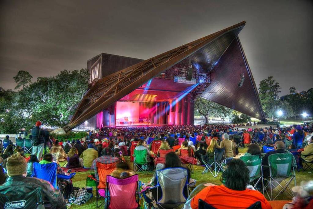 Image shows the Miller Outdoor Theatre at night.