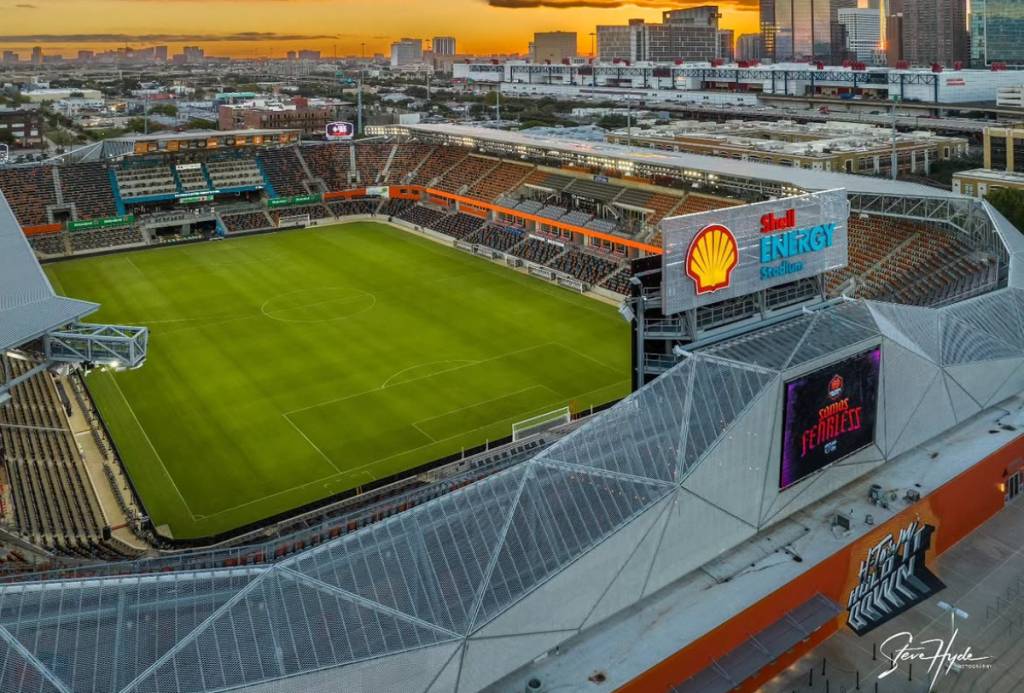 Image shows an overhead shot of Shell Energy Stadium in Houston.