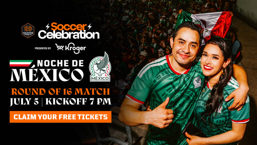 Graphic shows information regarding the "Noche de Mexico" Round of 16 viewing party at Shell Energy Stadium in Houston. 