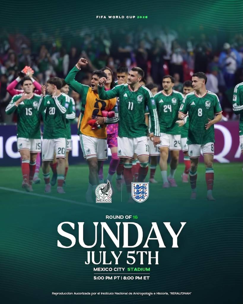 Image shows information regarding the Round of 16 match between Mexico and England. 
