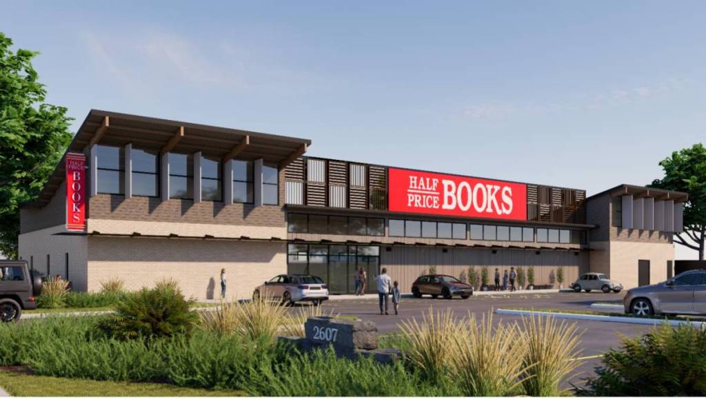 Rendering shows a Half Price Books storefront in Austin, Texas. 