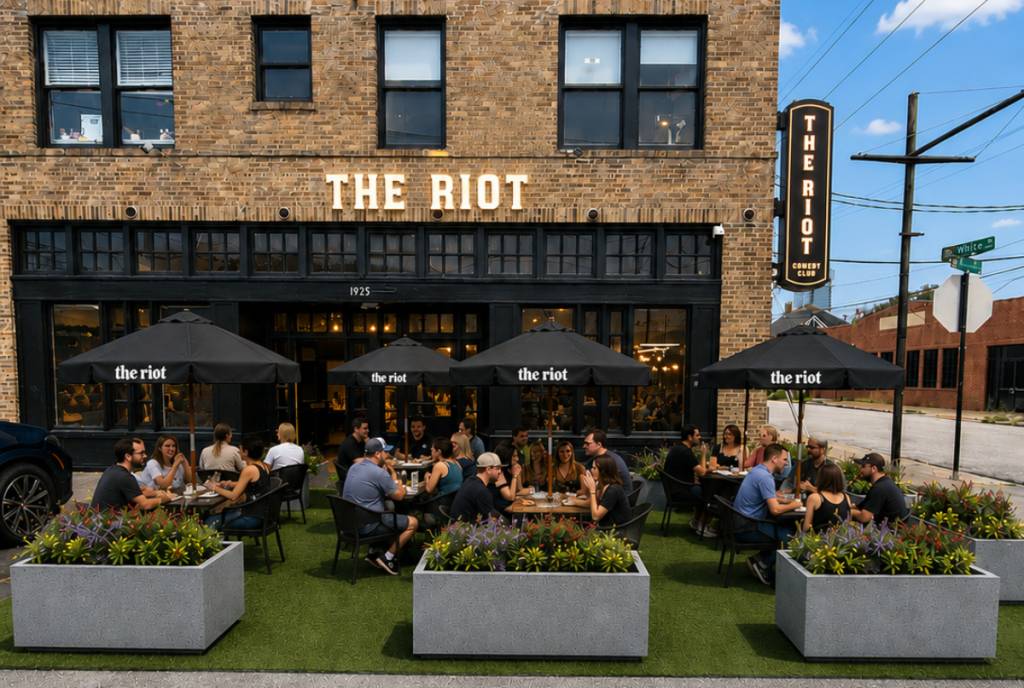 Rendering shows storefront and patio space of the coming Riot Comedy Club in Washington Ave. in Houston.