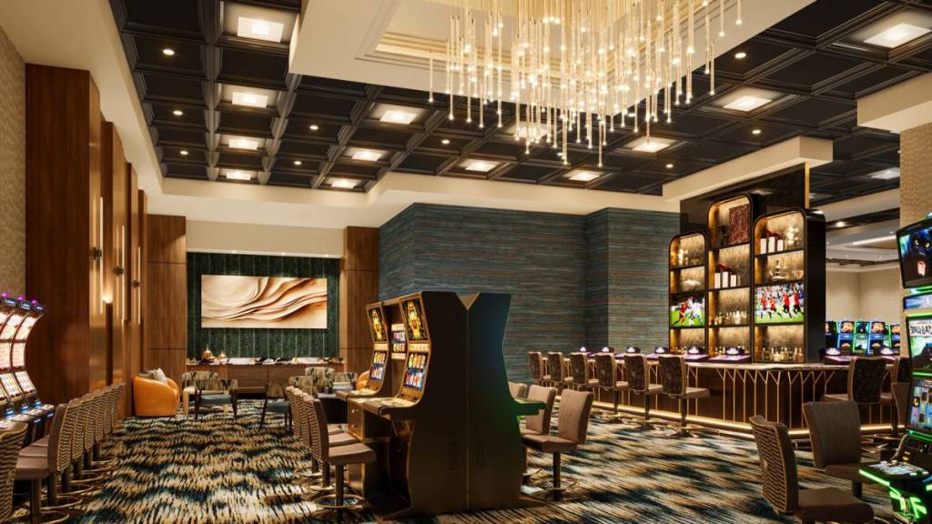 Rendering shows projected interior of Naskila Casino Lounge.