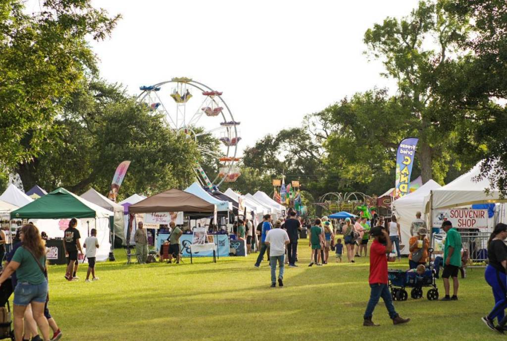 Image shows the grounds, people, and ferris wheel of the Great Texas Mosquito Festival.
