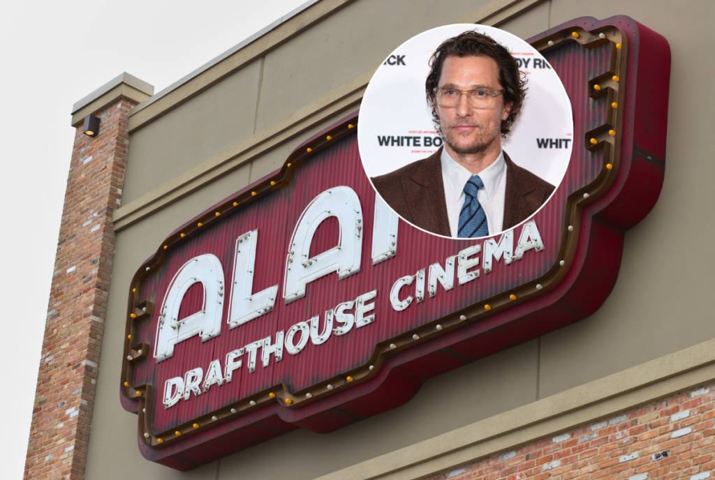 La imagen muestra el letrero del Alamo Drafthouse Cinema con un primer plano de Matthew McConaughey superpuesto.