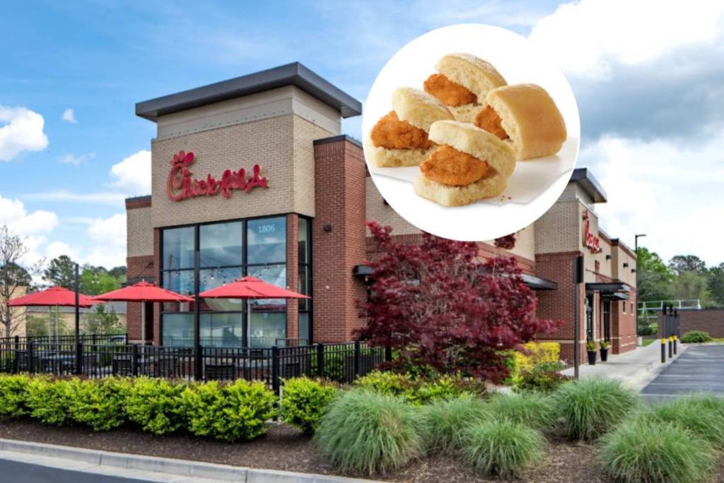 Image shows the exterior of a Chick-fil-A location with a superimposed image of four 