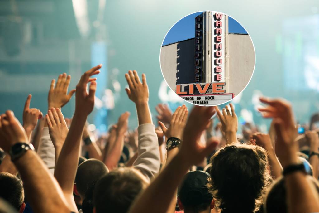 Image shows a crowd of concert-goers with a superimposed image of the Warehouse Live storefront on top.
