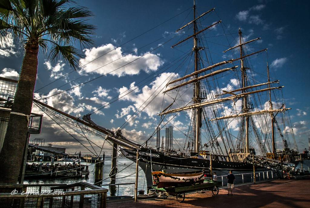 Image shows the tall ship ELISSA docked in Galveston.