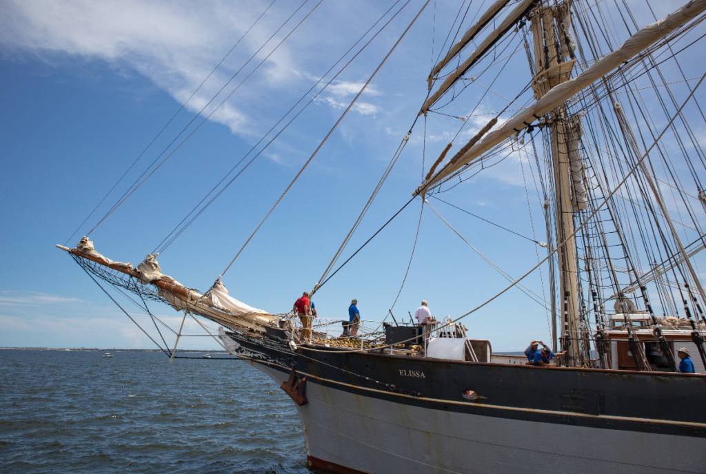 Image shows the front of the Tall Ship ELISSA. 