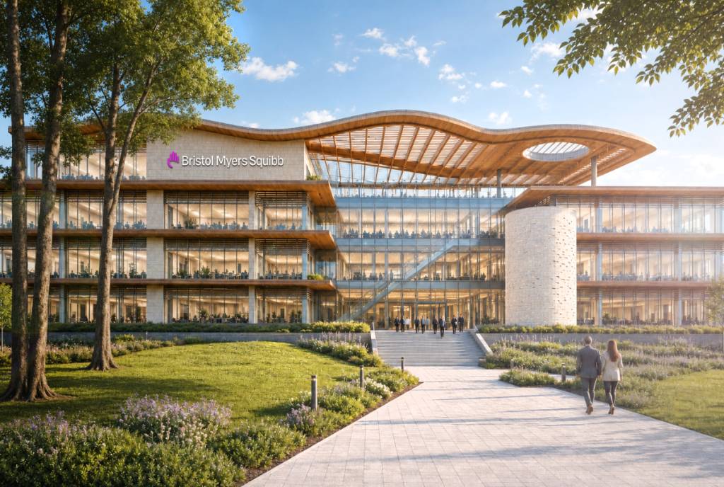 La imagen muestra una representación del campus de Bristol Myers Squibb en Houston, anunciado recientemente.