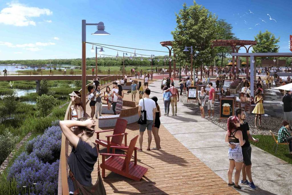 Rendering shows the boardwalk at Flyway District in Webster, Texas.