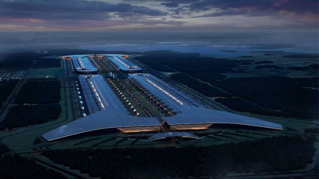 Image shows rendering of the Terafab facility planned for Grimes County, Texas.