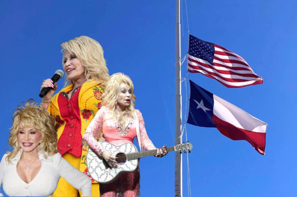 Image shows pictures of Dolly Parton superimposed over a Texas and U.S. flag flying at half-mast.