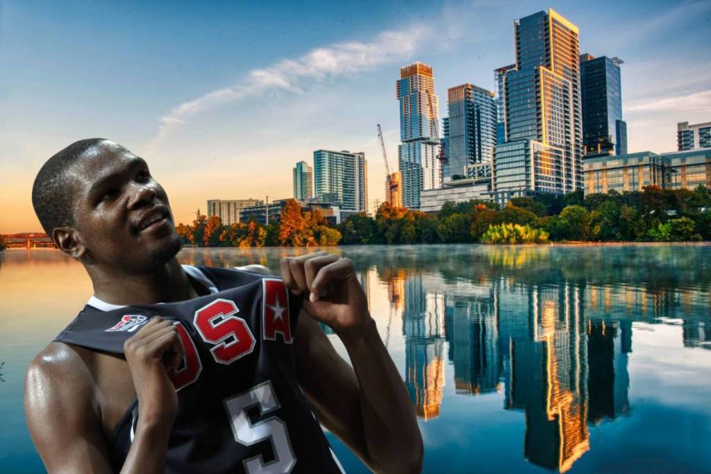 Image shows Kevin Durant in a USA basketball jersey with the Austin skyline in the background.