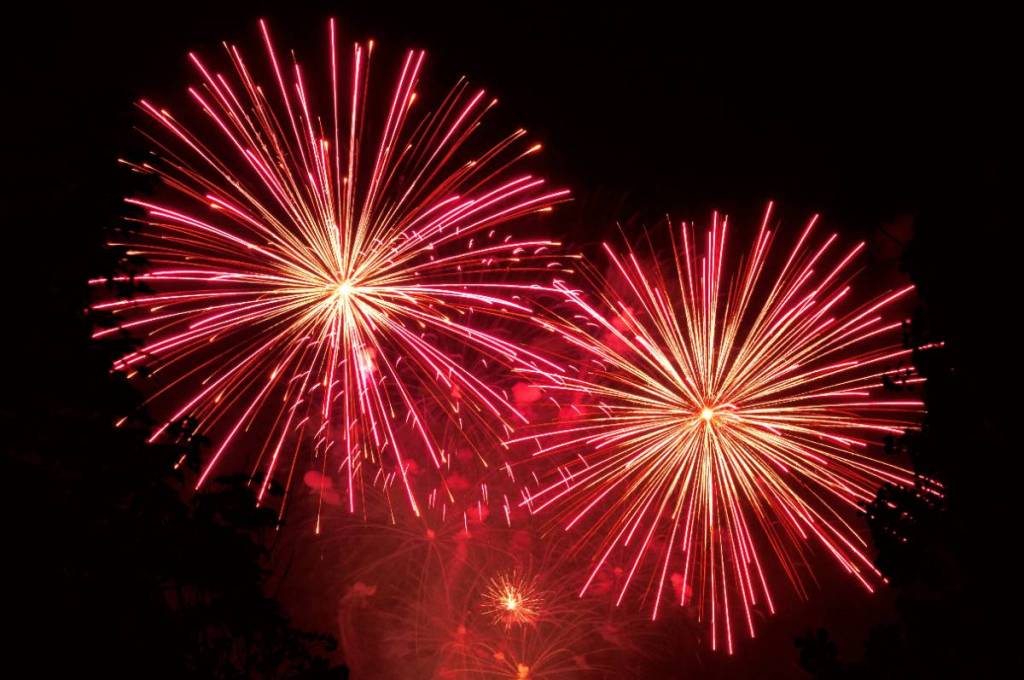 La imagen muestra fuegos artificiales explotando en el cielo.