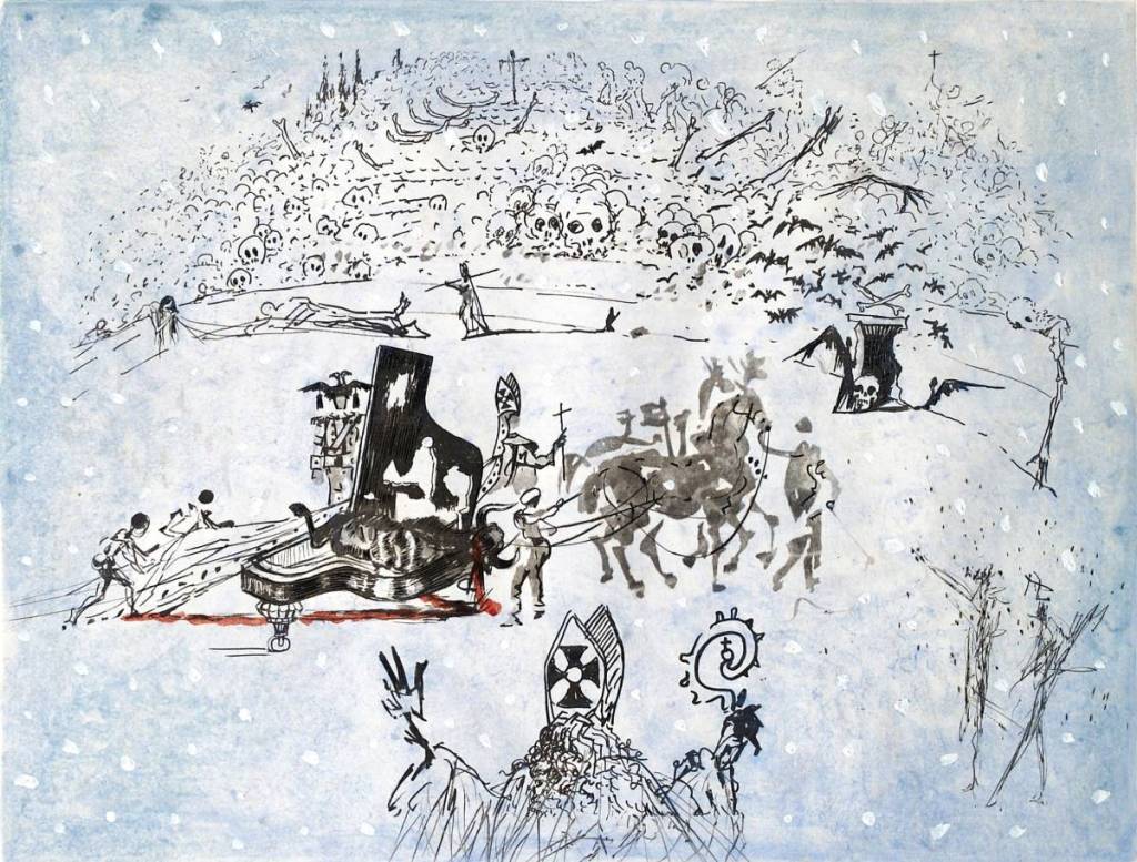 La imagen muestra el grabado surrealista de Dalí, «Piano de corrida bajo la nieve».