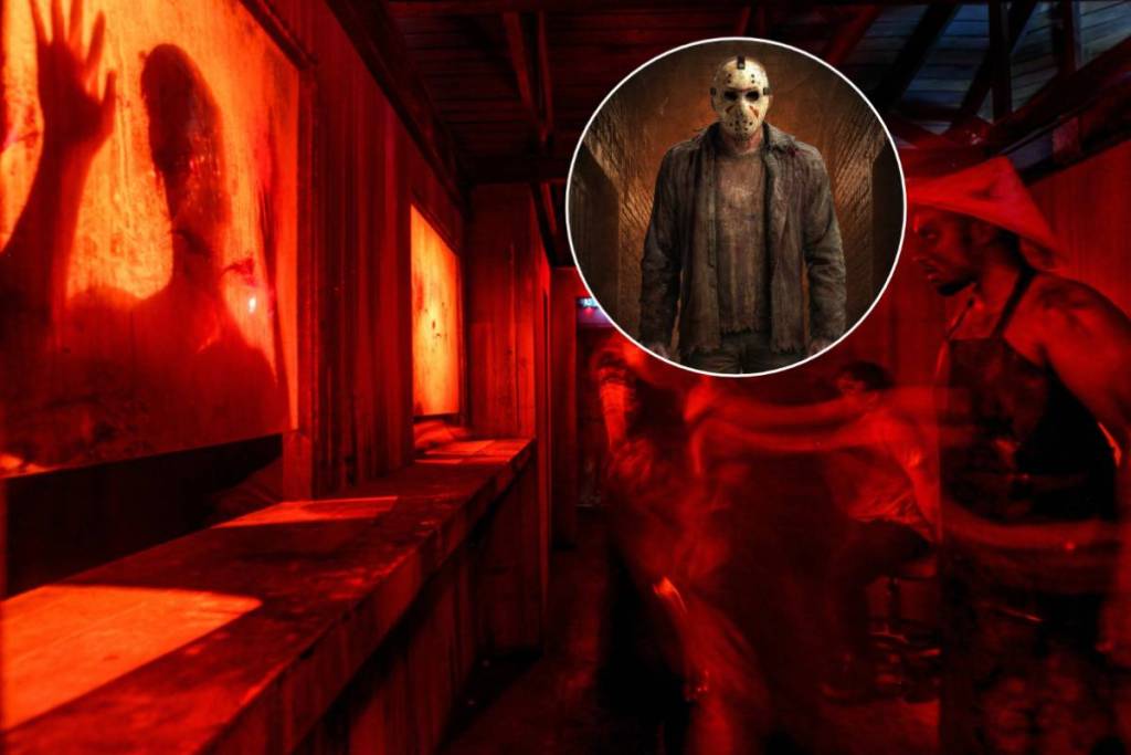 La imagen muestra una casa encantada con una imagen superpuesta de Jason Voorhees.
