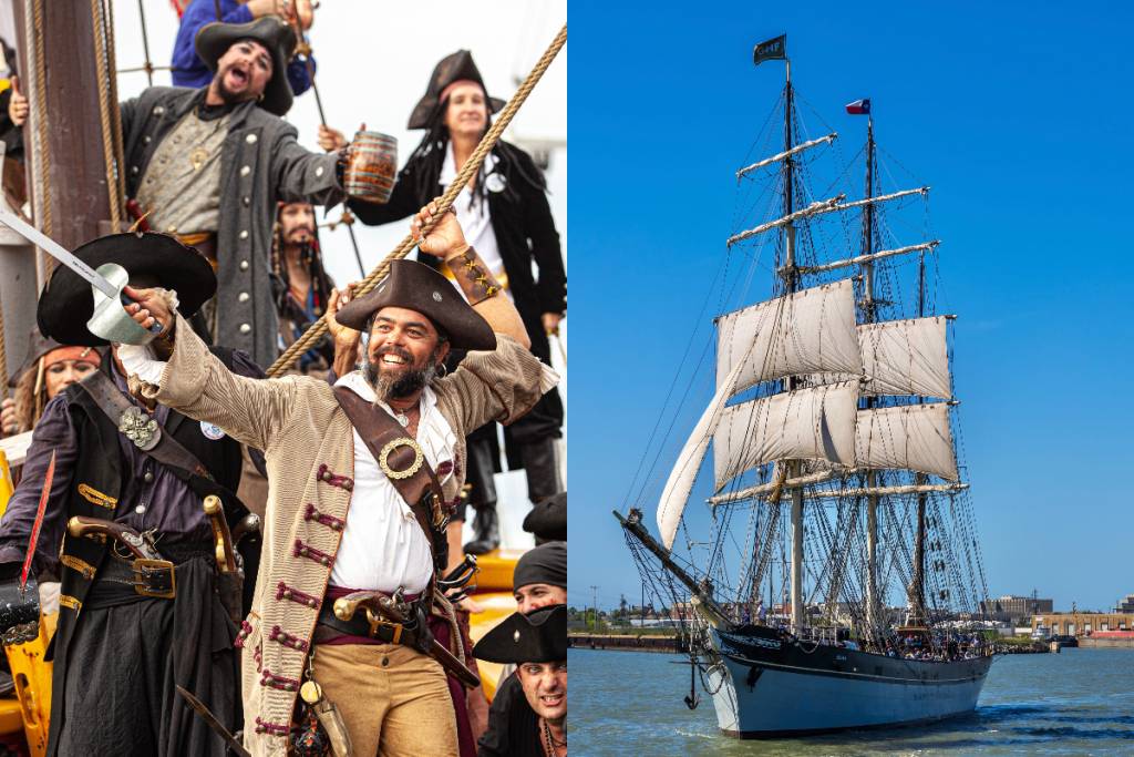 Image shows a pirate festival and the tall ship "Elissa".