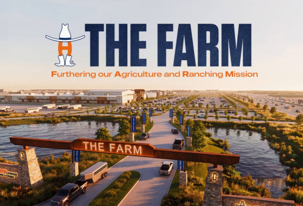 Image shows rendering of The Farm development at the Houston Rodeo featuring its name "The Farm"