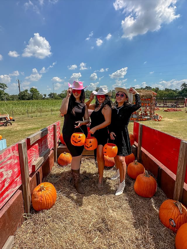 La imagen muestra a gente en un carro con calabazas en Froberg Farm. 