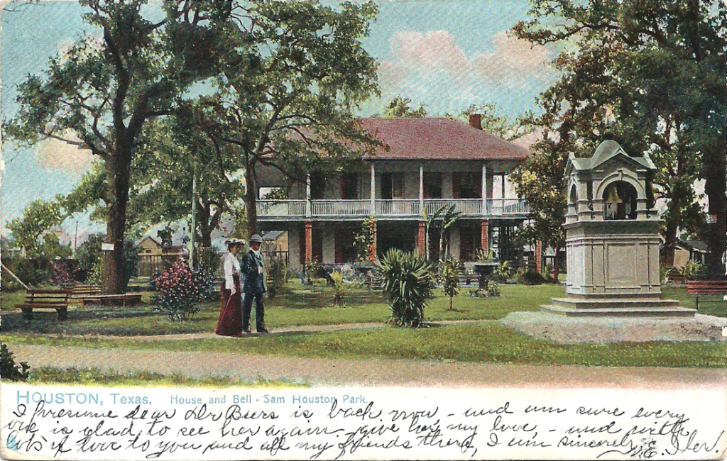 The image is a vintage color postcard of Sam Houston Park in Houston, Texas.