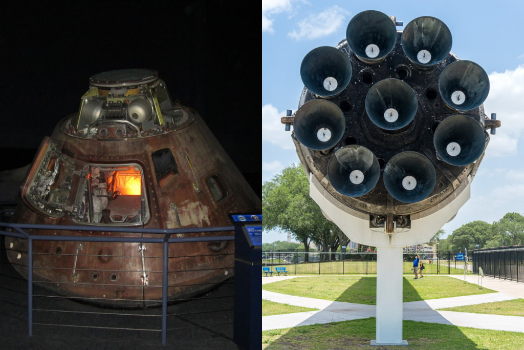 CSM-114 Apolo 17 «America», Space Center Houston, Houston, Texas, y el propulsor Falcon 9 B1035 en el Space Center Houston