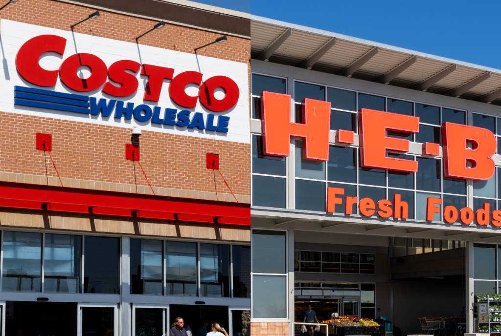 La imagen muestra los exteriores de Costco y H-E-B