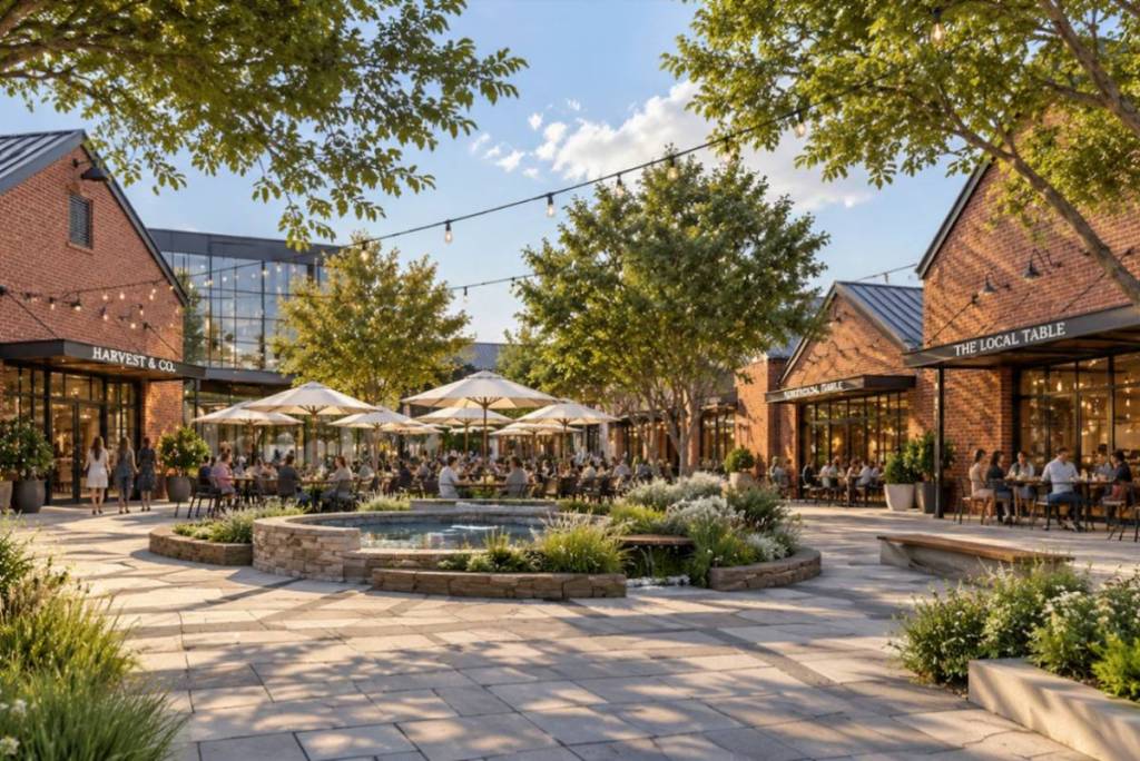La imagen muestra el complejo «The Orchard» en Pearland.