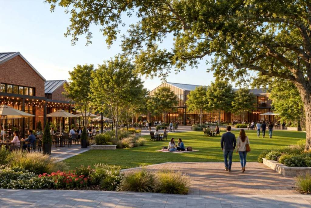 La imagen muestra el complejo «The Orchard» en Pearland.