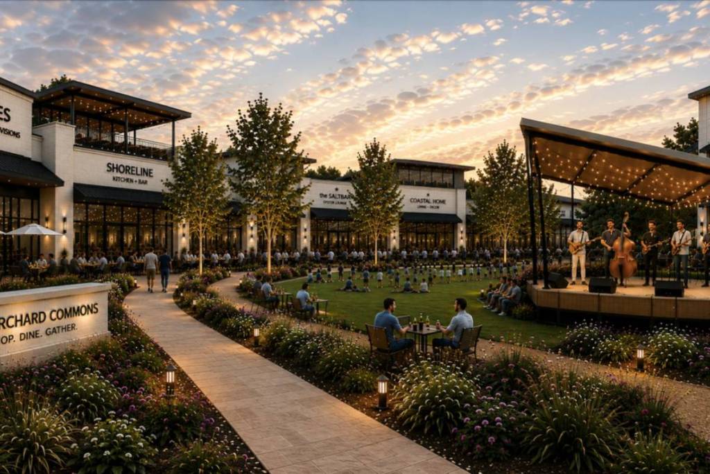 La imagen muestra el complejo «The Orchard» en Pearland.