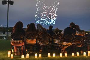 Drones light up the sky over a string quartet