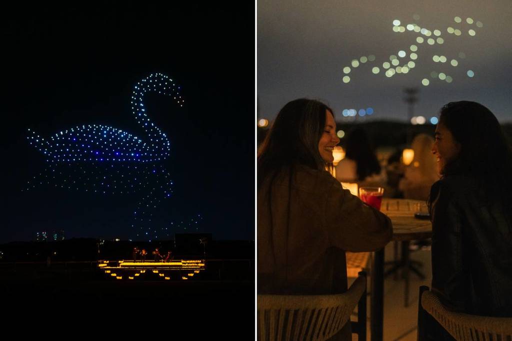 Drones light up the sky over a string quartet
