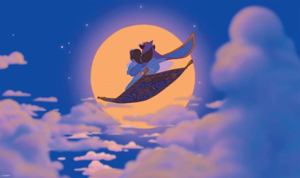 Aladdin and Jasmine riding on a magic carpet into the sunset