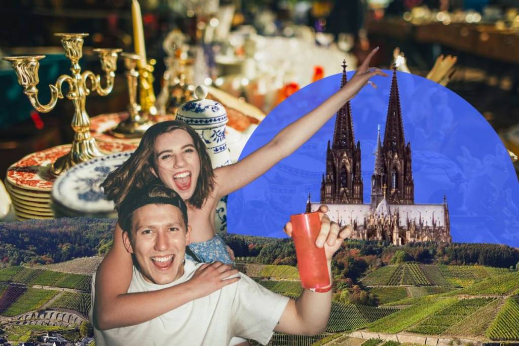Collage of fall activities in Cologne featuring Cologne Cathedral, a smiling couple, flea market antiques, and green vineyards.