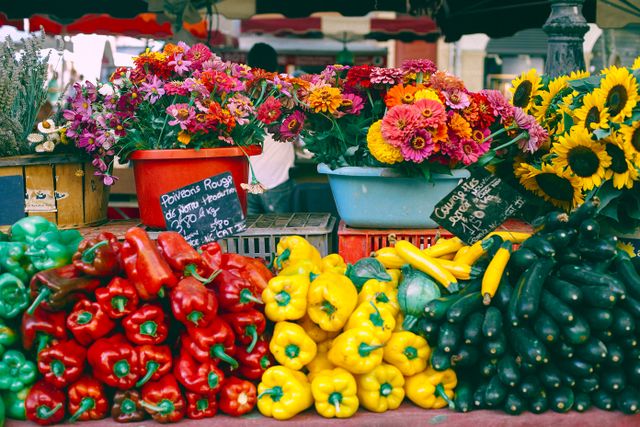 fresh produce and flowers at a local market