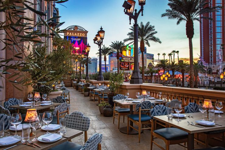 terrace of a brunch spot in Vegas overlooking the Strip