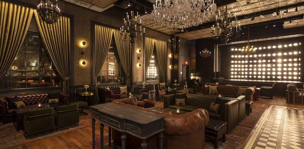 inside The Barbershop, a brown wooden speakeasy bar in Vegas