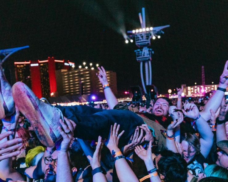person being carried by the crowd at festival