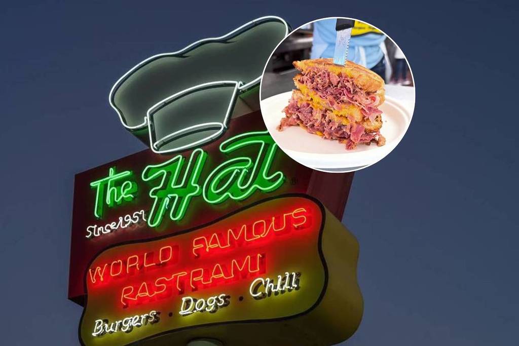 The Hat pastrami sandwich shop, with a short picture of their famous sandwich