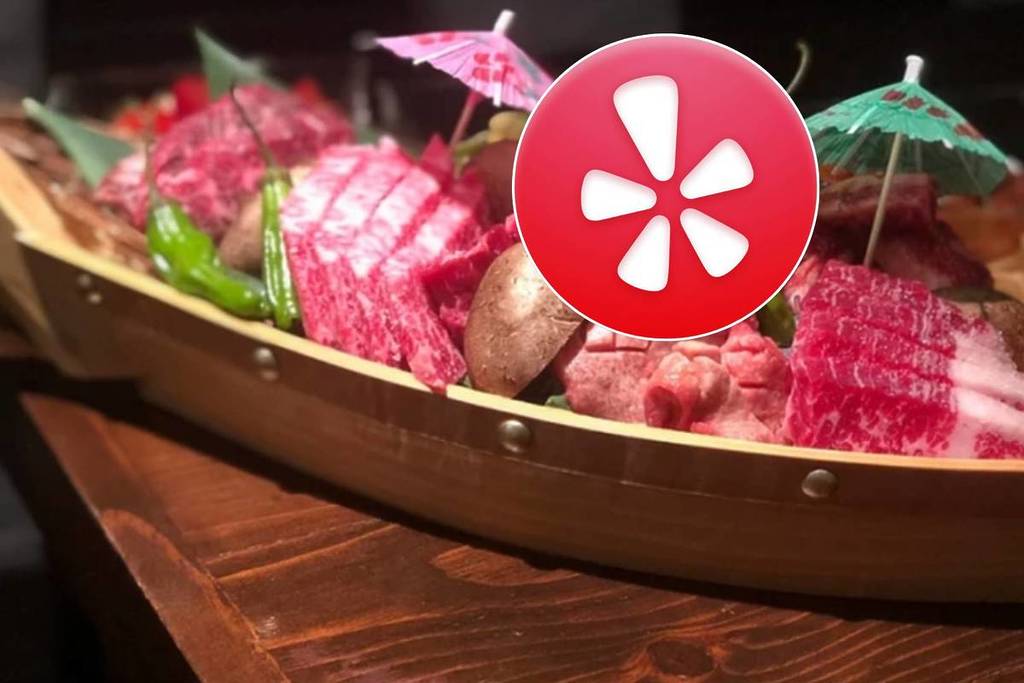 Cortes de ternera japonesa y el logotipo de Yelp