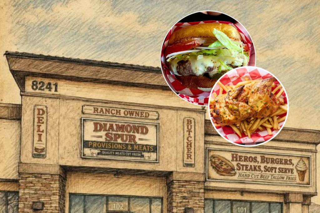 carnicería y charcutería con los productos que ofrecen: hamburguesas y pollo