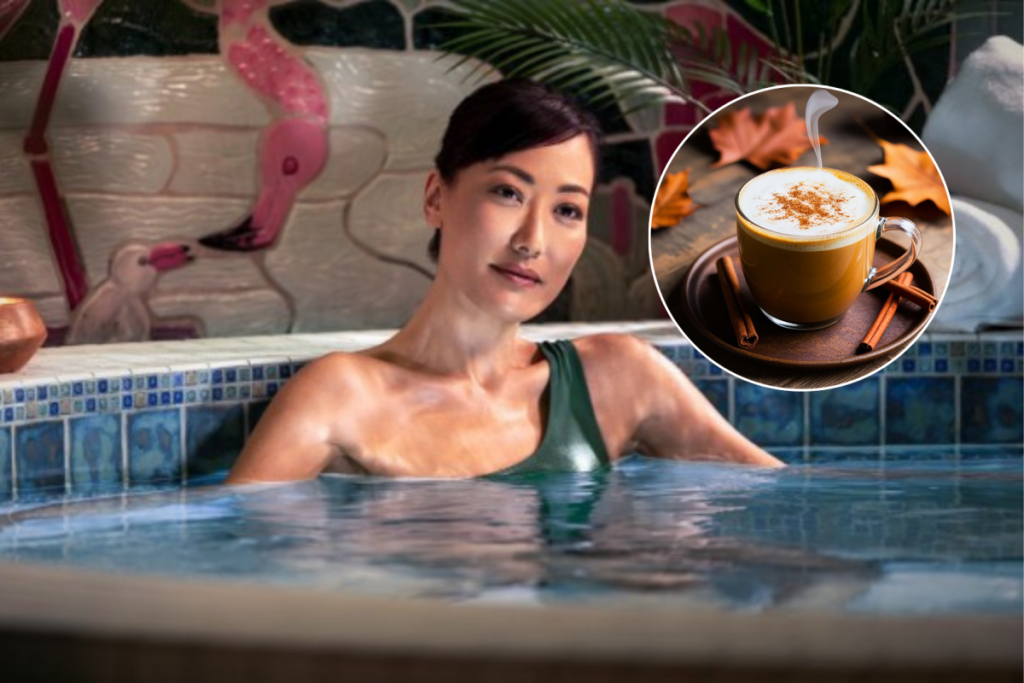 una mujer en el spa y un café con leche con trocitos de calabaza