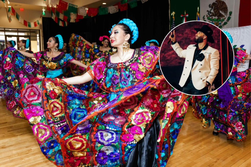 woman dancing a Mexican traditional dance and a small picture of artists Carin Leon