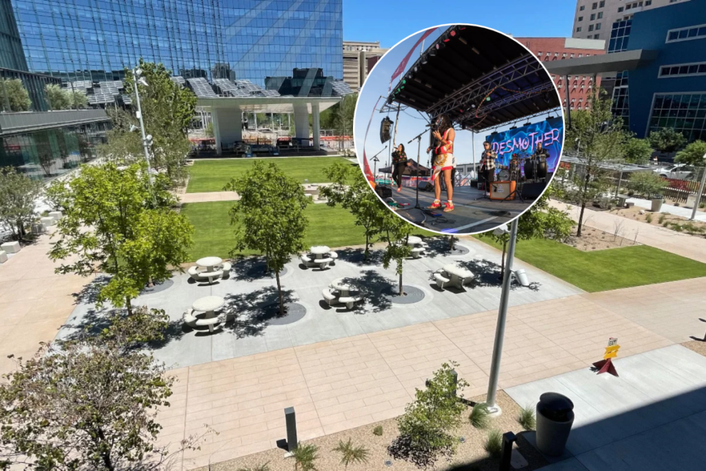 an event space in Vegas and a smaller picture of a local band in concert
