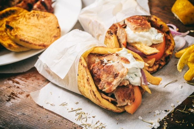 Delicious gyros souvlaki served at the Great Greek Grill House in Farringdon, London