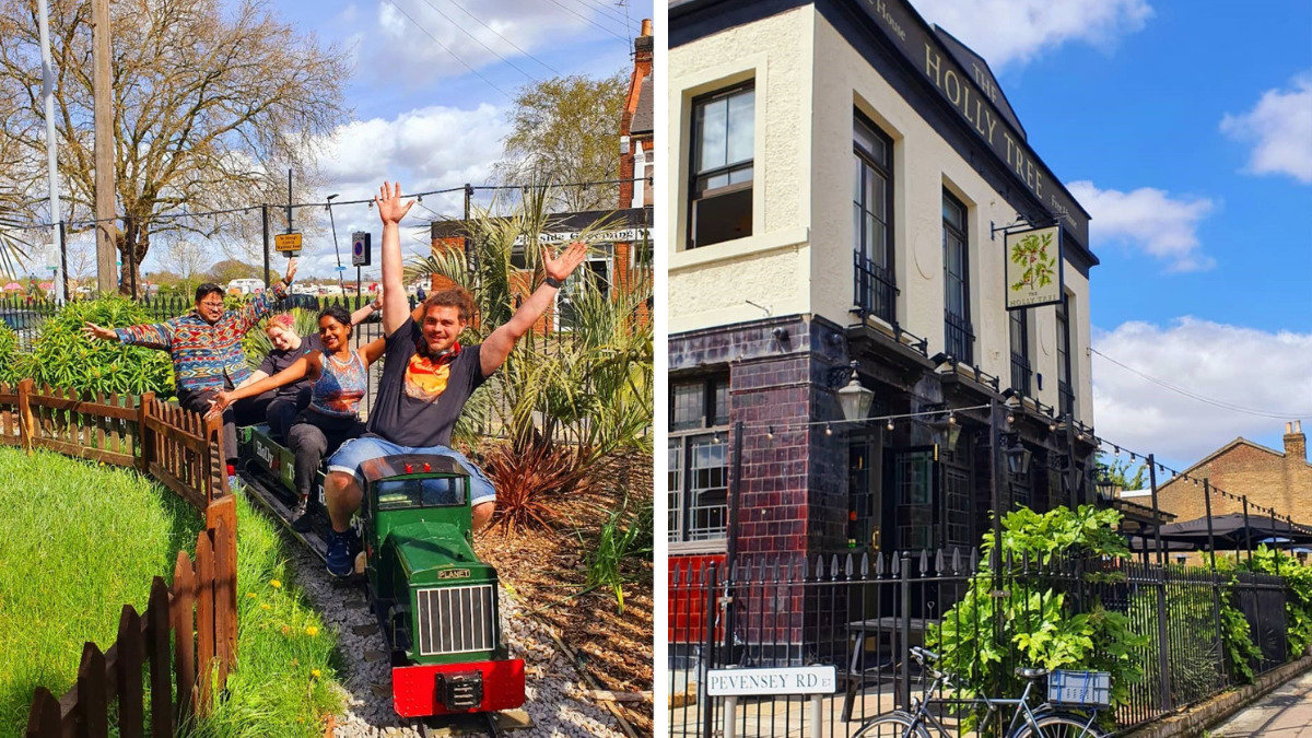 A side by side of people riding on the Holly Tree Railway (left) and the exterior of the Holly Tree pub (right)
